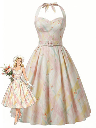 [Pre-Sale] 1950s Pastel Cherry Print Halter Belted Swing Dress
