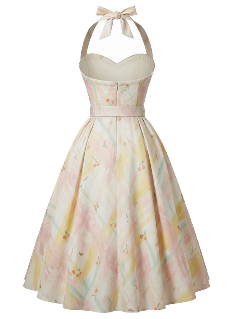 [Pre-Sale] 1950s Pastel Cherry Print Halter Belted Swing Dress