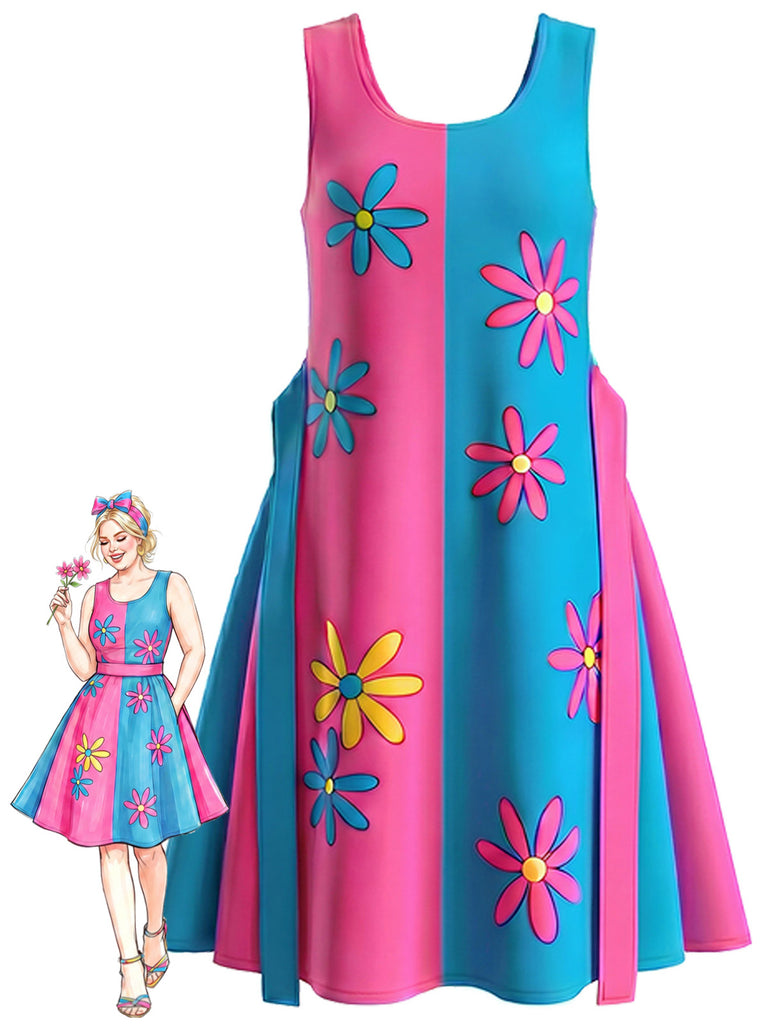 [Pre-Sale] [Plus Size] 1960s Daisy Floral Colorblock Two-Way Dress