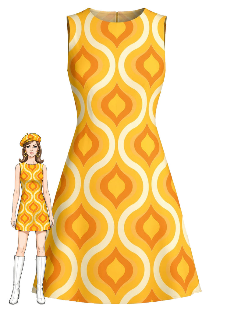 Elegant Orange 1960s Vintage Floral Dress