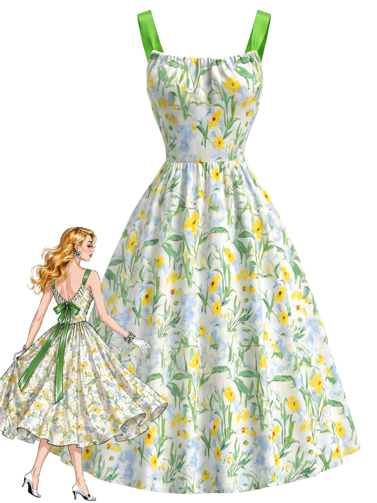 [Pre-Sale] Chartreuse 1950s Floral Contrast Green Ribbon Back Bow Dress