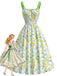 [Pre-Sale] Chartreuse 1950s Floral Contrast Green Ribbon Back Bow Dress