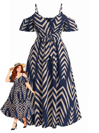[Plus Size] Navy 1950s Chevron Striped Tie Waist Cold Shoulder Midi Dress