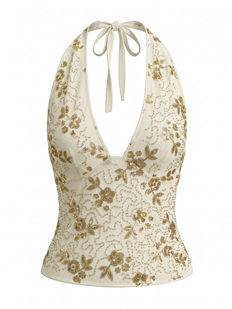 Beige 1960s Halter V Neck Sequin Top