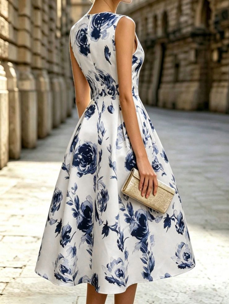 1950s Round Neck Roses Sleeveless Midi Dress, vintage dress, retro fashion, rockabilly, pin-up fashion - perfect for women who love vintage and retro fashion