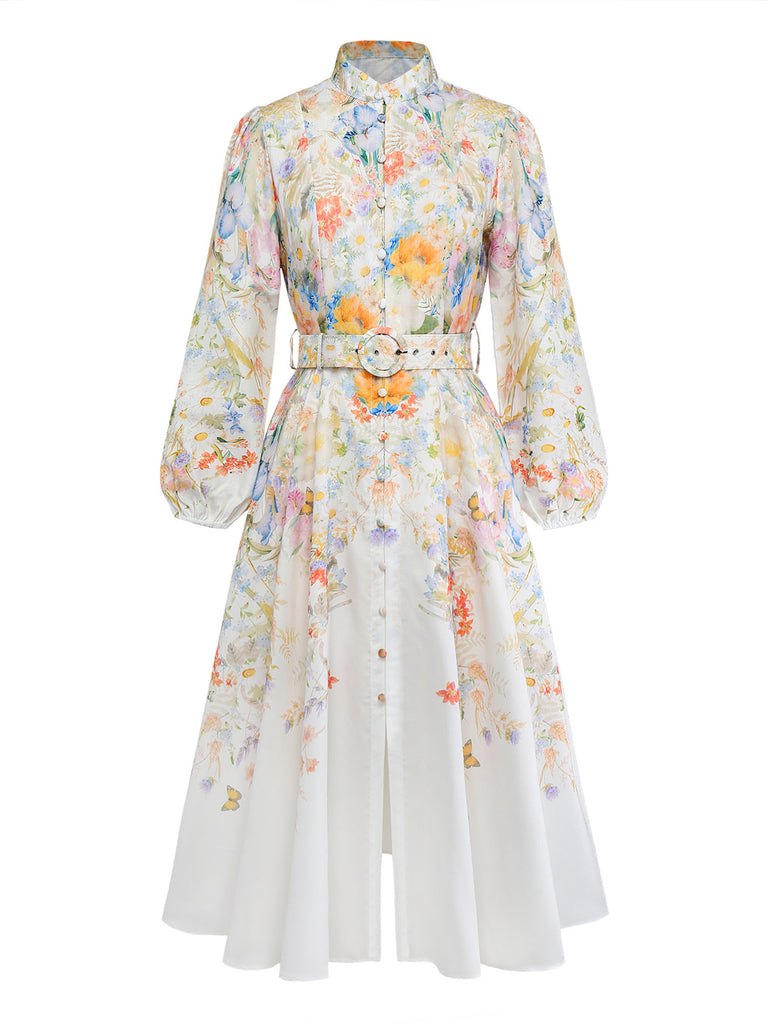 White 1940s Floral Print Long Sleeve Button Belted Dress