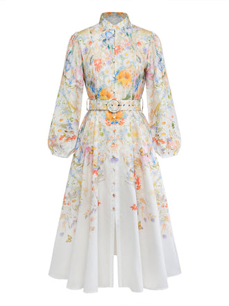 White 1940s Floral Print Long Sleeve Button Belted Dress