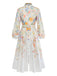 White 1940s Floral Print Long Sleeve Button Belted Dress