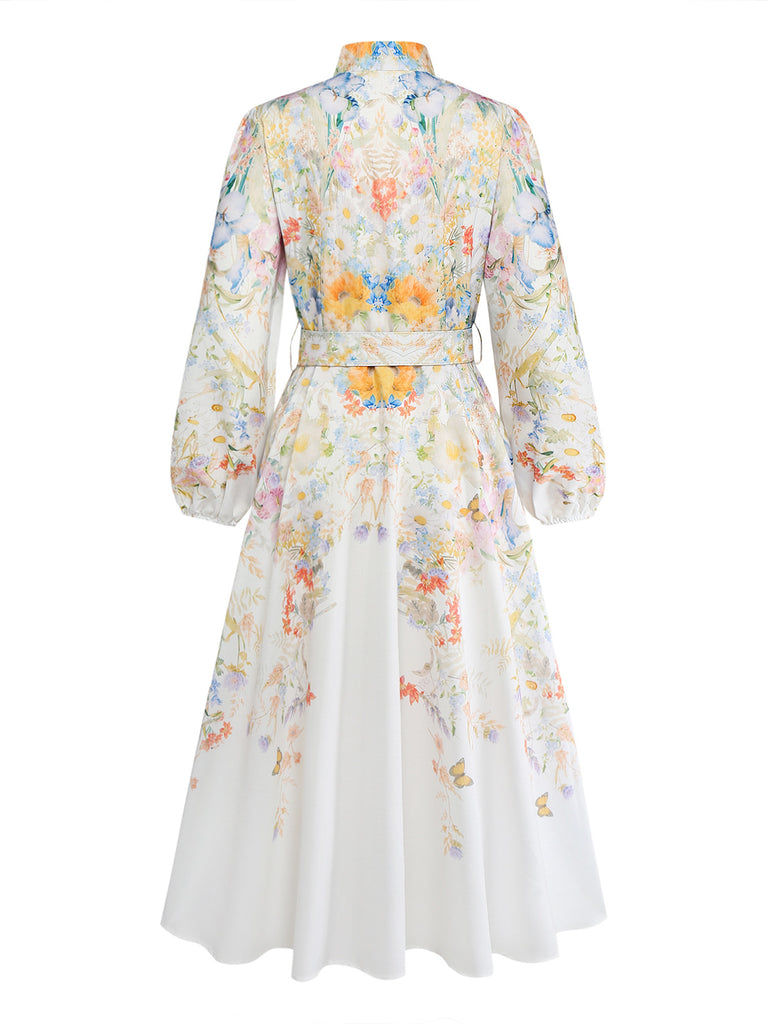 White 1940s Floral Print Long Sleeve Button Belted Dress