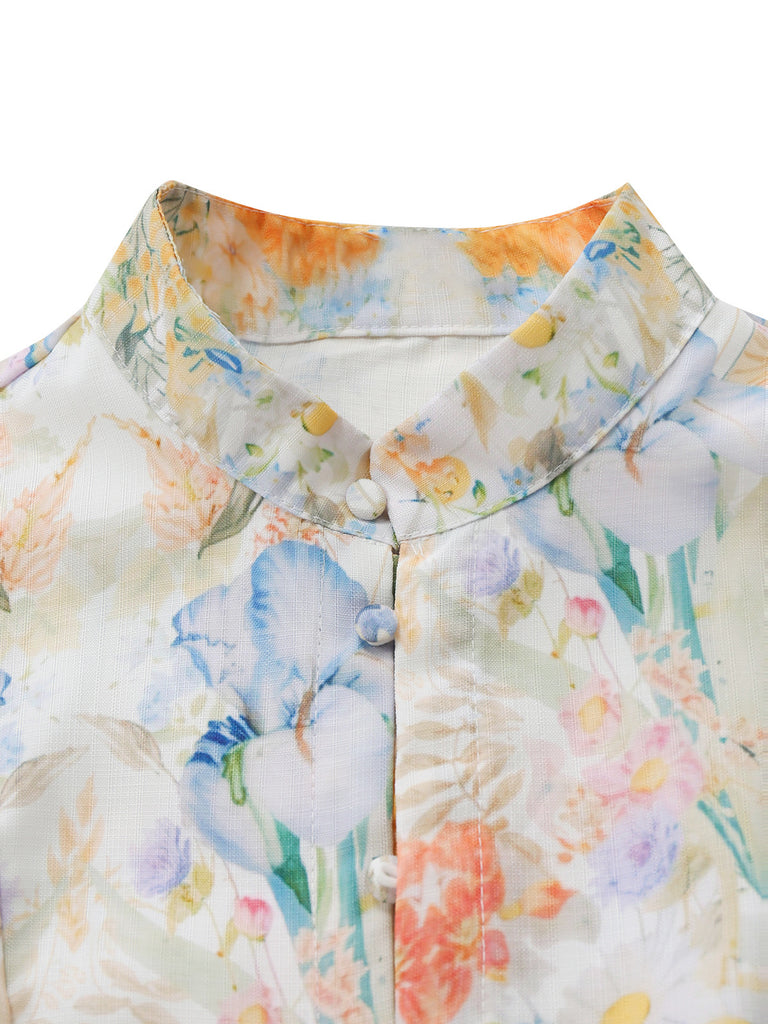 White 1940s Floral Print Long Sleeve Button Belted Dress