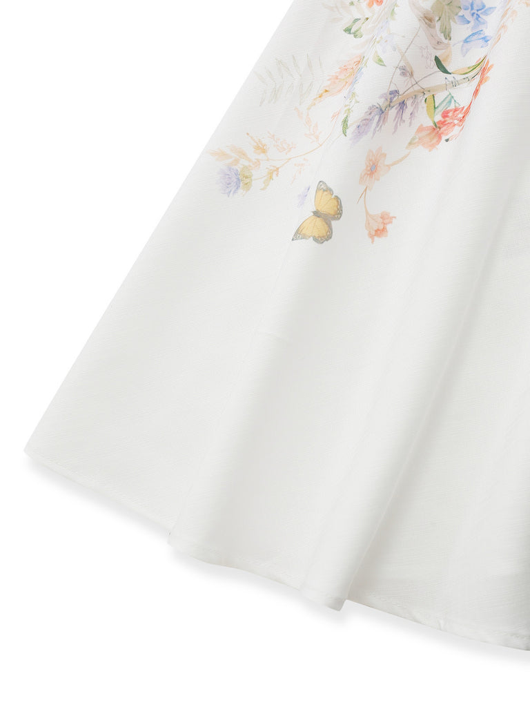 White 1940s Floral Print Long Sleeve Button Belted Dress