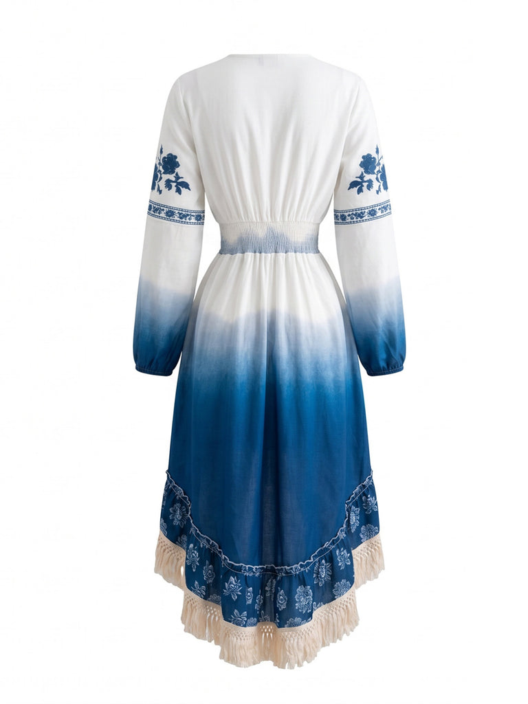 Blue White 1970s Floral V Neck Dress 2