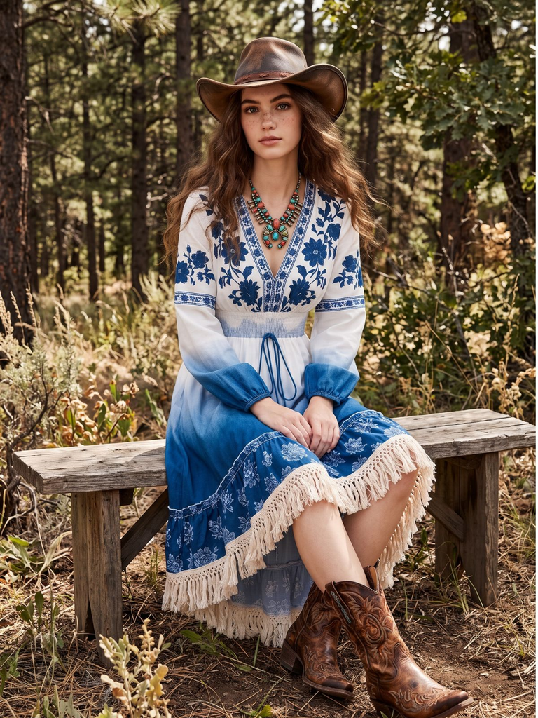 Blue White 1970s Floral V Neck Dress 3