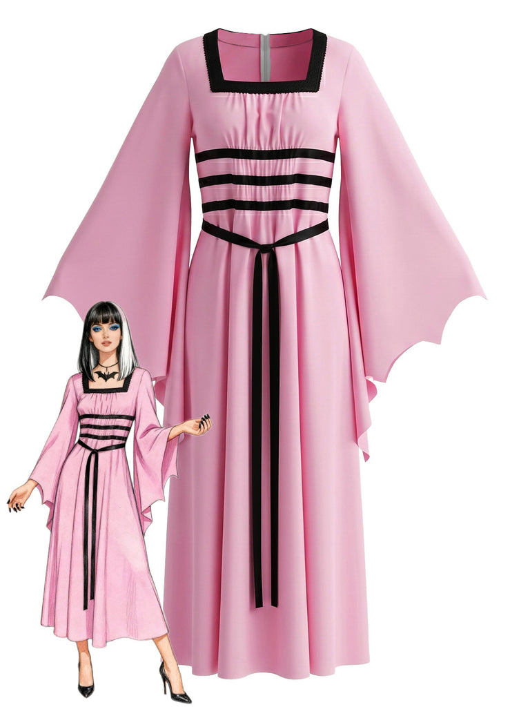Pink 1980s Gothic Square Neck Batwing Sleeve Tie Dress