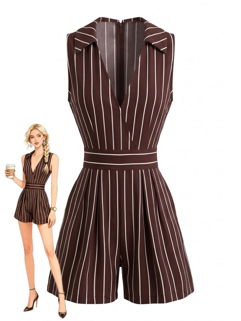 Brown 1950s Striped Vintage Classic Romper