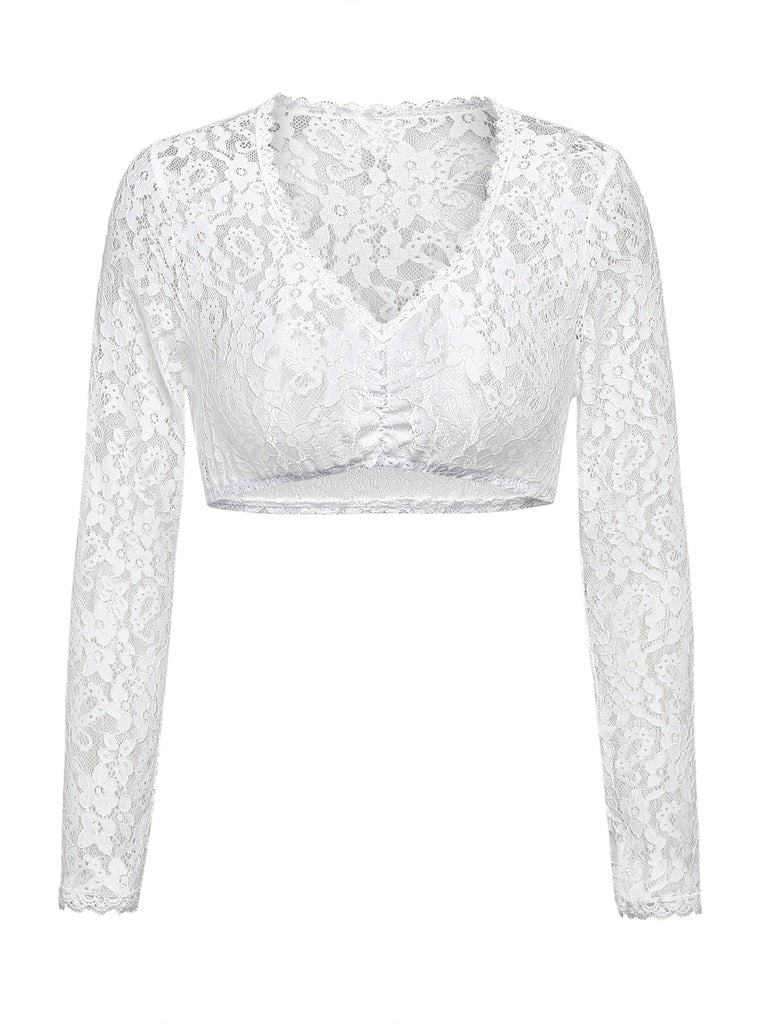 White 1950s Floral Lace Long Sleeves Cropped Top