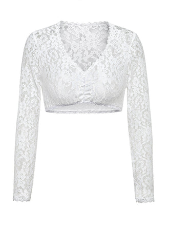 White 1950s Floral Lace Long Sleeves Cropped Top