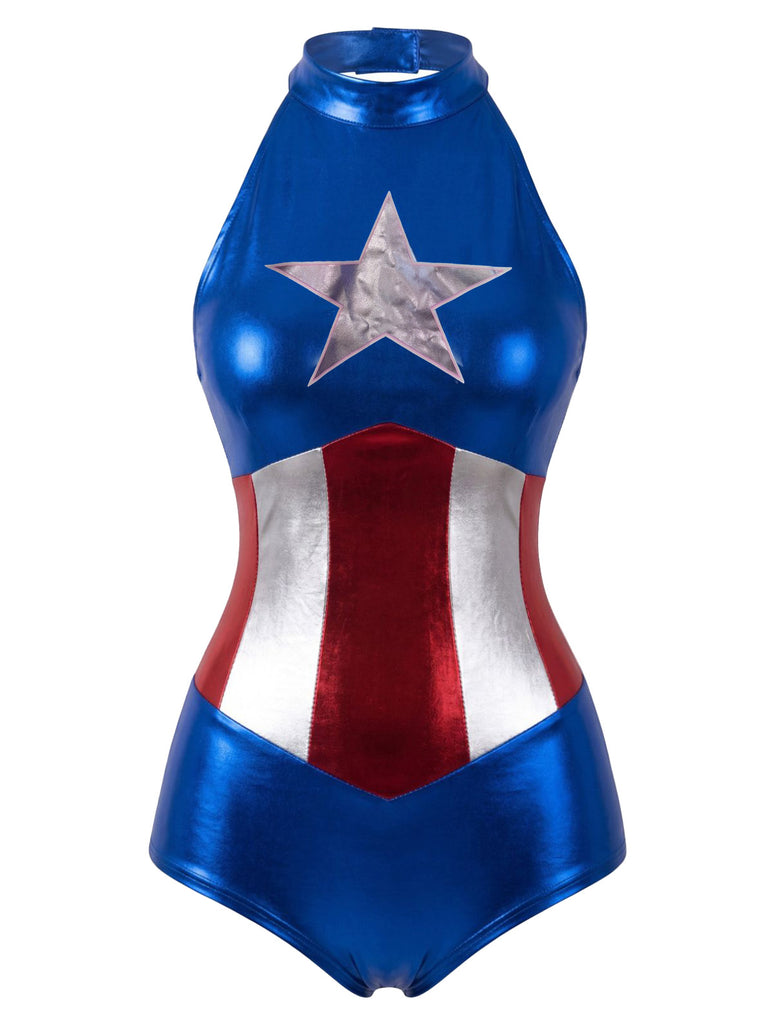 Blue 1980s Star Metallic Superhero Costume Bodysuit