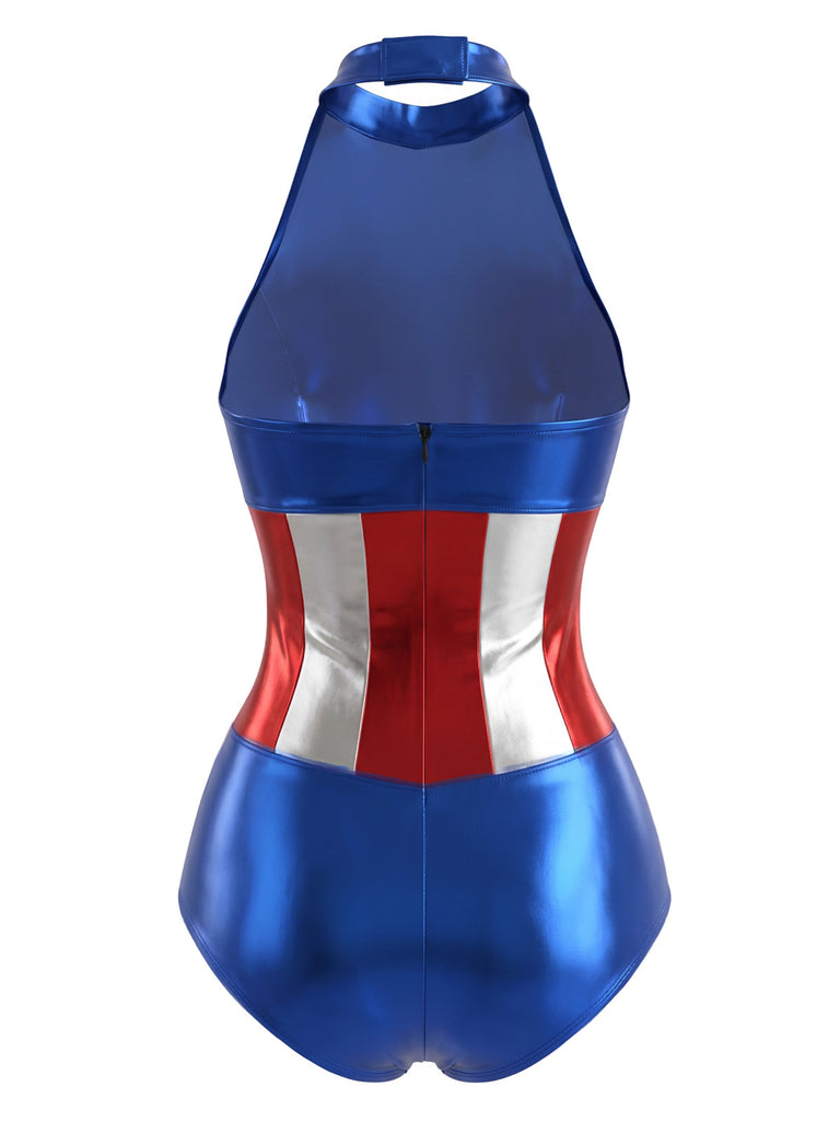 Blue 1980s Star Metallic Superhero Costume Bodysuit