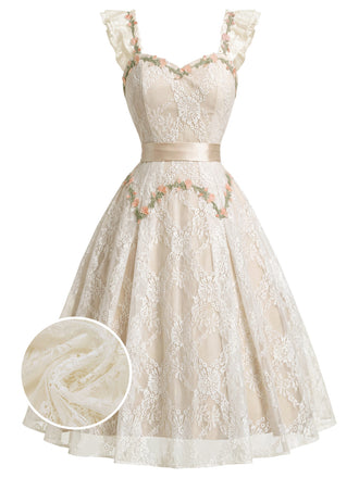 [Pre-Sale] Apricot 1970s Floral Lace Ruffle Dress