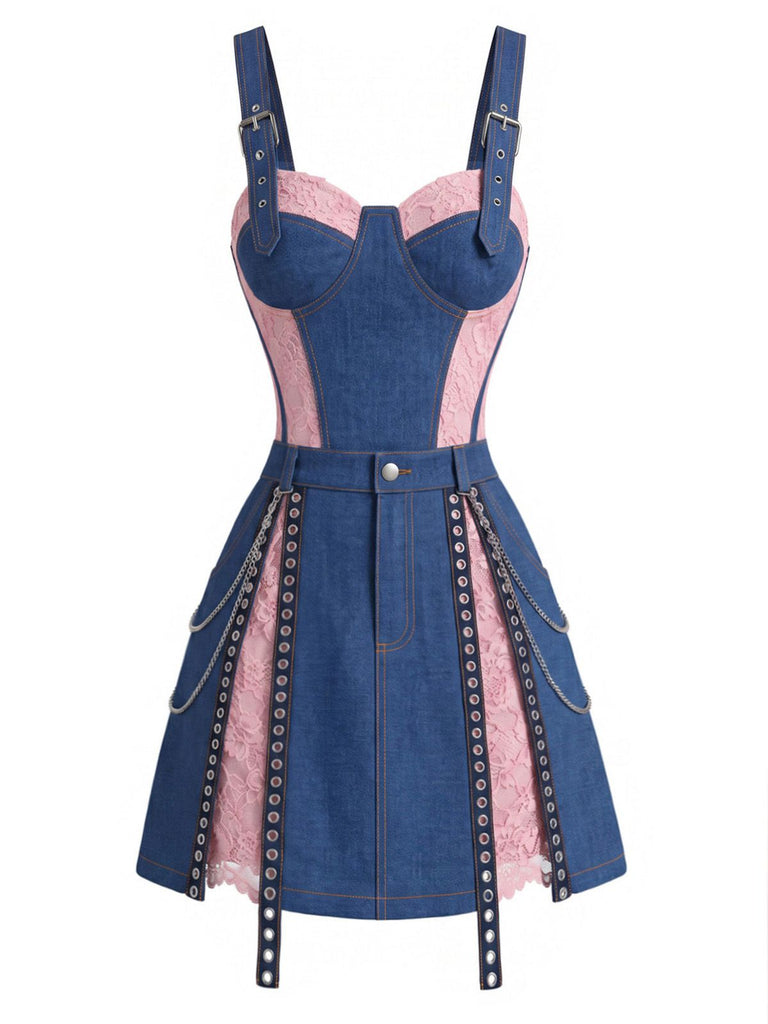 [Pre-Sale] Blue 1950s Denim Lace Corset Top & Chain Mini Skirt