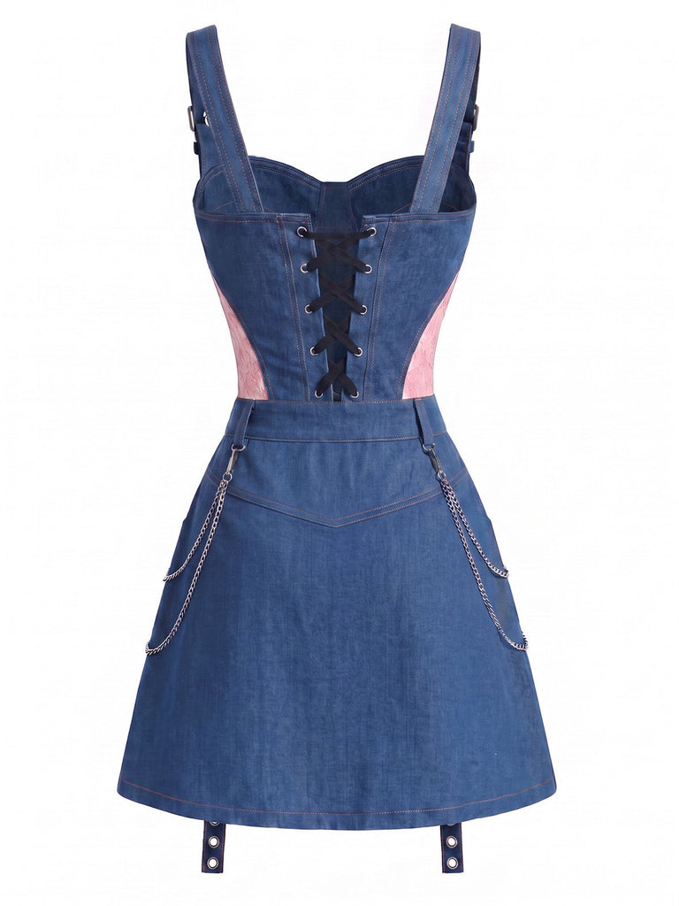 [Pre-Sale] Blue 1950s Denim Lace Corset Top & Chain Mini Skirt