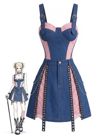 [Pre-Sale] Blue 1950s Denim Lace Corset Top & Chain Mini Skirt