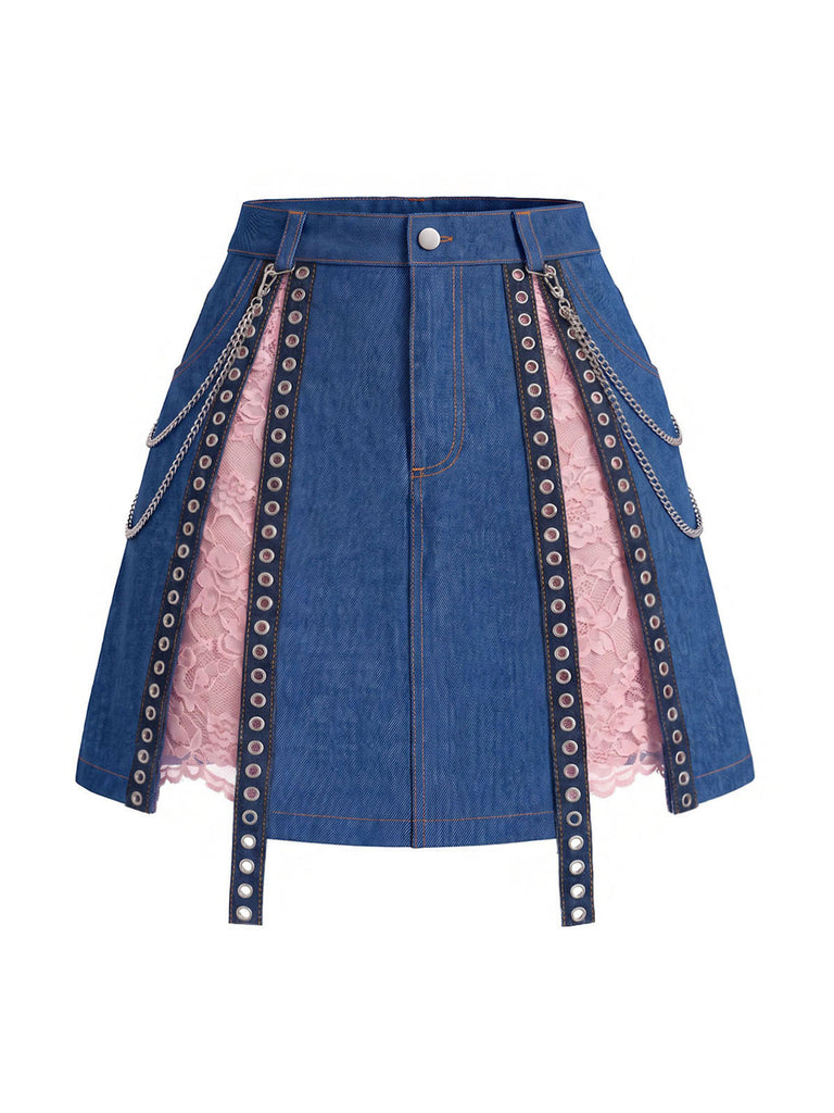 [Pre-Sale] Blue 1980s Lace Denim Skirt 2