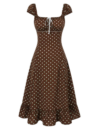 [Pre-Sale] Brown 1940s Square Neck Polka Dot Ruffle Dress