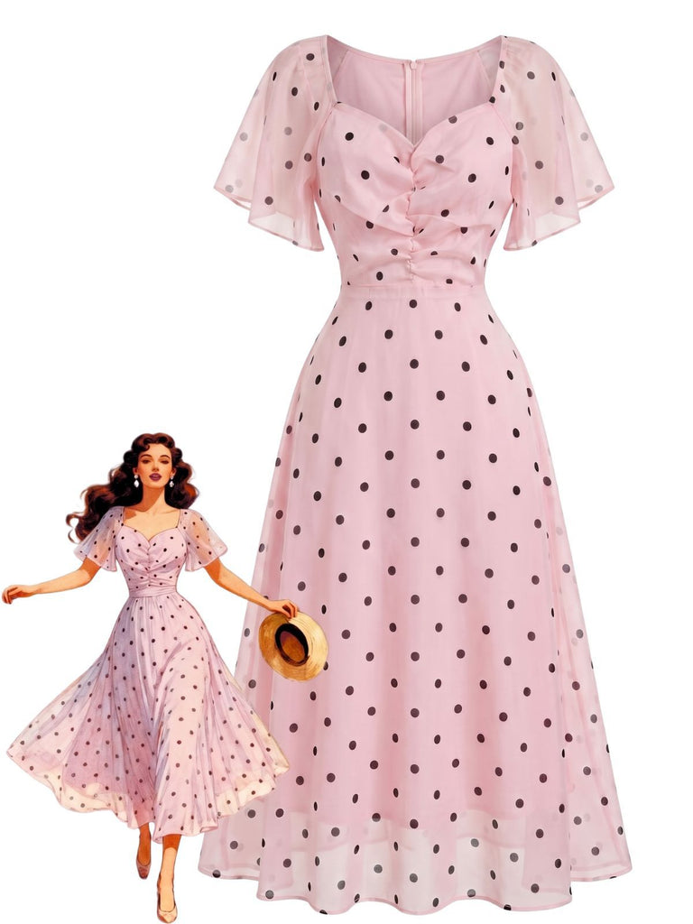 Pink 1940s Polka Dot Puff Sleeve Sweetheart Midi Dress
