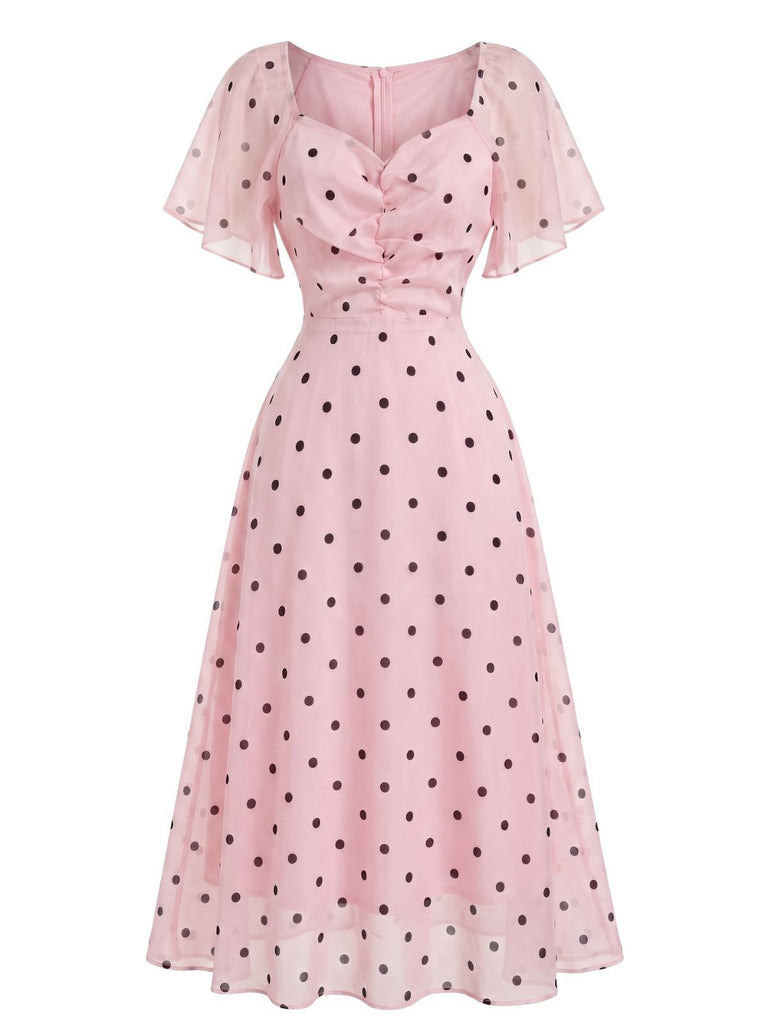 Pink 1940s Polka Dot Puff Sleeve Sweetheart Midi Dress