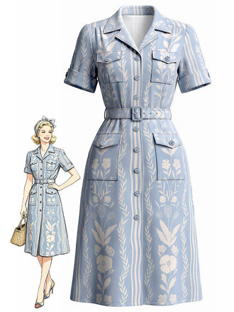 [Pre-Sale] Blue 1940s Plants Print Belted Pockets Slit Dress