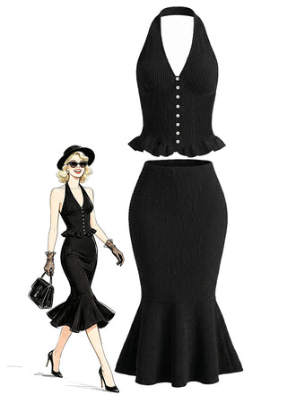 [Pre-Sale] Black 1980s V Neck Two Piece Set 5