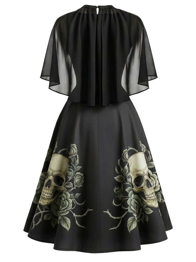 Black 1950s Skull Rose Gothic Cape Sleeve Dress