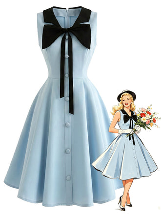 [Pre-Sale] Blue 1950s Sleeveless Bow Tie Collar Dress with Pockets