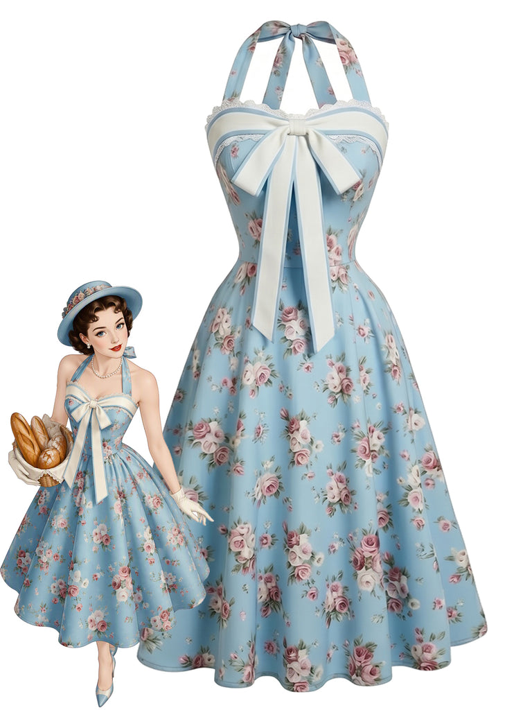 [Pre-Sale] Light Blue 1950s Floral Halter Lace Bow Dress