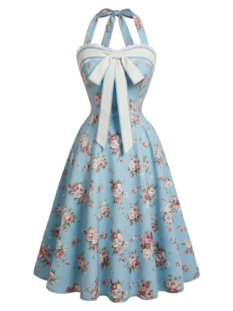 [Pre-Sale] Light Blue 1950s Floral Halter Lace Bow Dress