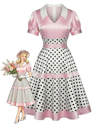 [Pre-Sale] Pink 1950s V-Neck Polka Dot Bow Satin Dress