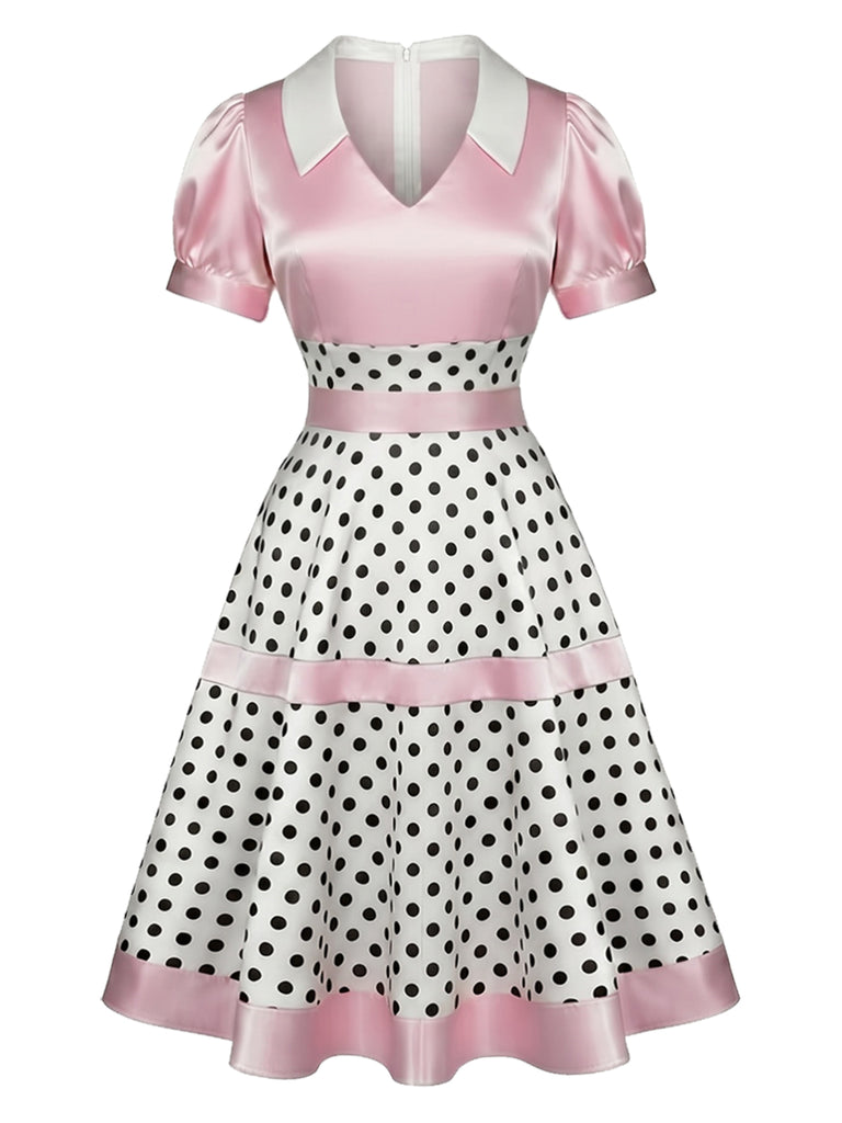 [Pre-Sale] Pink 1950s V-Neck Polka Dot Bow Satin Dress