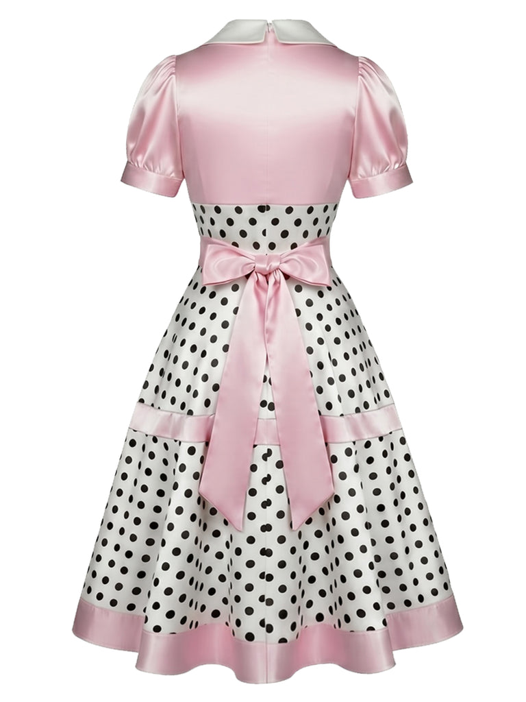 [Pre-Sale] Pink 1950s V-Neck Polka Dot Bow Satin Dress