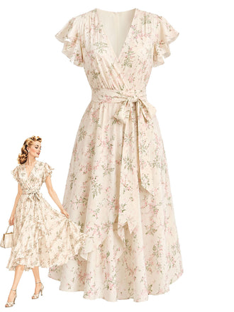 [Pre-Sale] Cream Color 1950s Floral V Neck Ruffle Dress