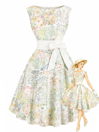 [Pre-Sale] 1950s Watercolor Floral Bow Sleeveless Rockabilly Dress