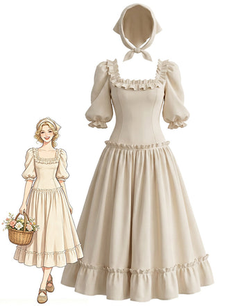 [Pre-Sale] Cream Color 1970s Square Neck Ruffle Dress