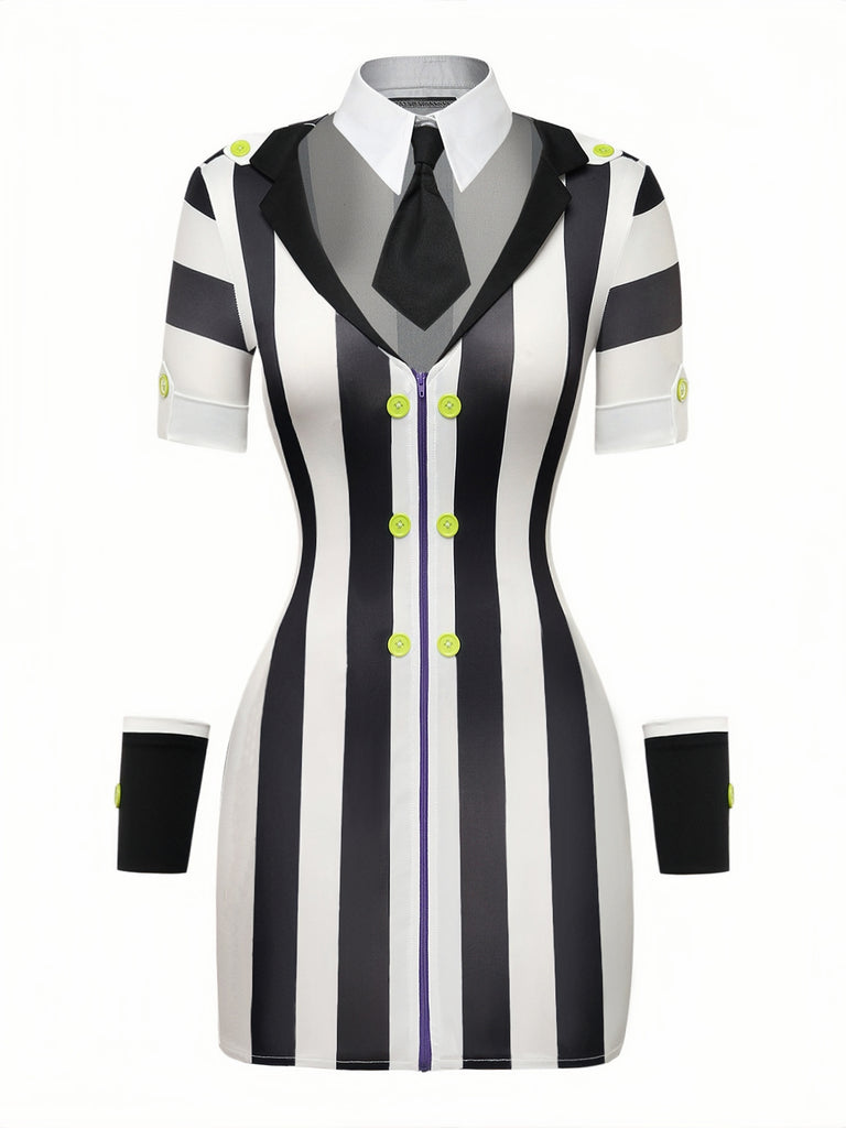 Black White 1970s Floral Striped Dress
