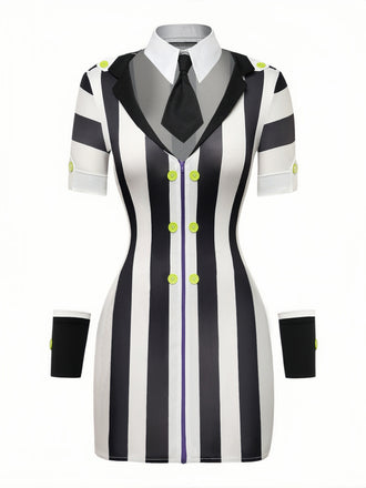 Black White 1970s Floral Striped Dress