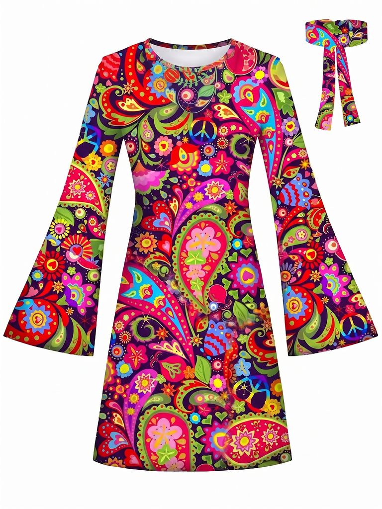 Multicolor 1960s Hippie Psychedelic Paisley Bell Sleeves Mini Dress