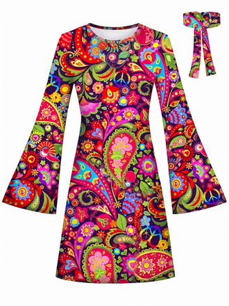 Multicolor 1960s Hippie Psychedelic Paisley Bell Sleeves Mini Dress