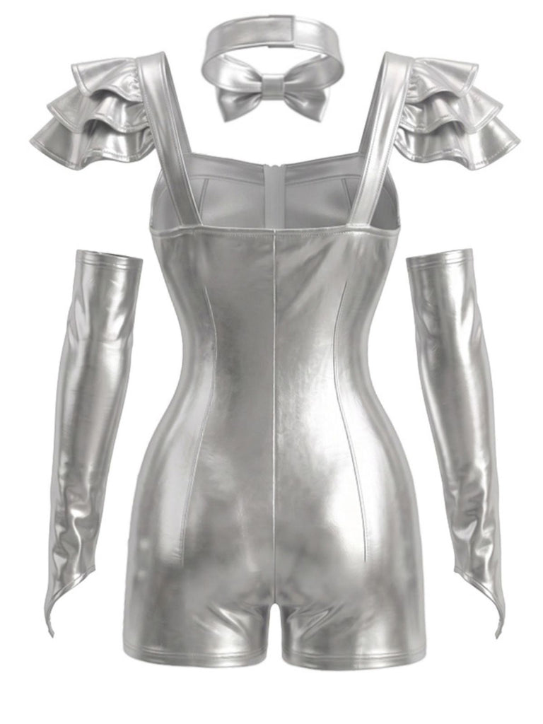 Silver 1980s Halloween Metallic Futuristic Shiny Romper Set