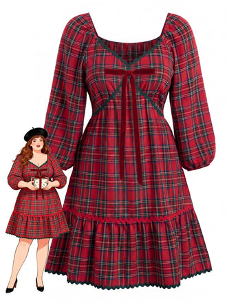 [Plus Size] Red 1950s Plaid V-Neck Waist Bow Swing Dress