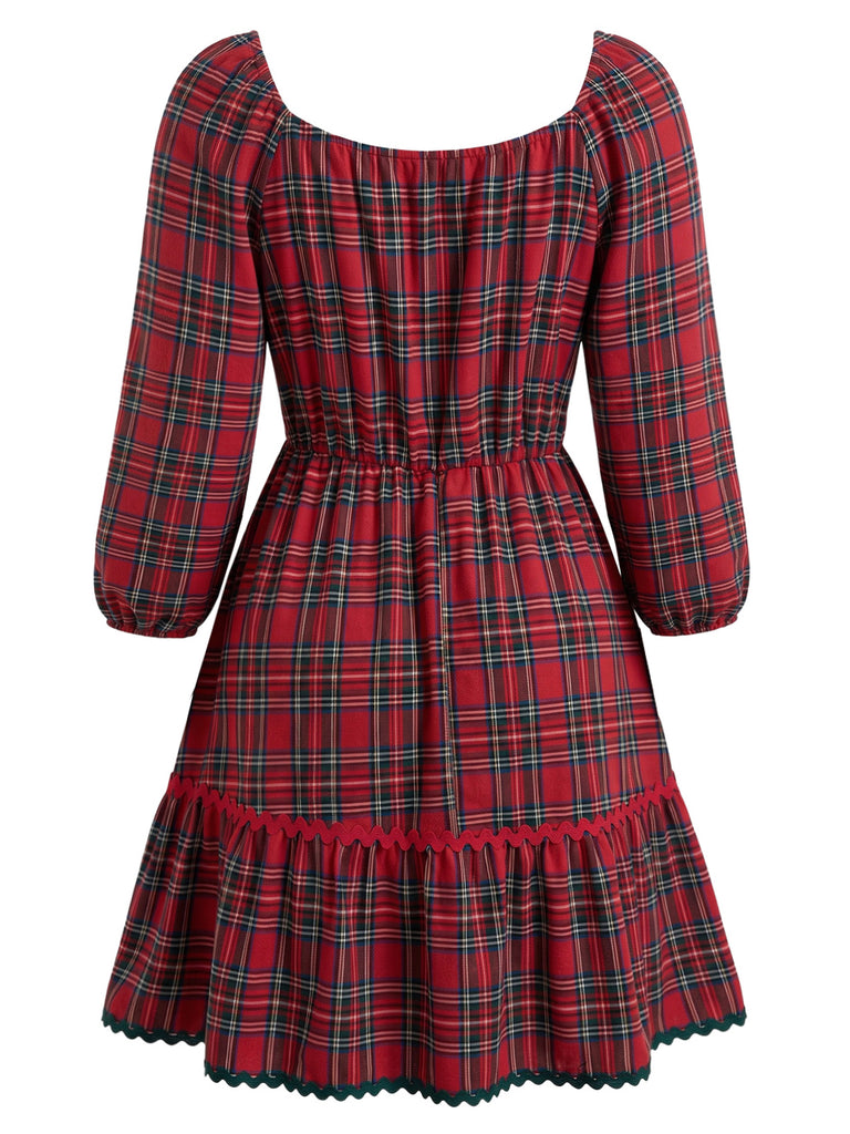 [Plus Size] Red 1950s Plaid V-Neck Waist Bow Swing Dress